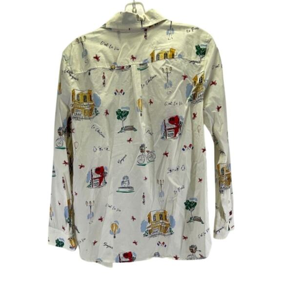 Women’s L Talbots Scenic France Classic Cotton Shirt Paris Print Button Up L - Picture 4 of 5